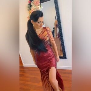 Missord Sequins One Shoulder Split Thigh Maxi Dress burgandy dark red.